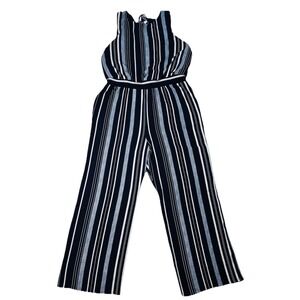 Jessica Howard Women's 12P Petite Striped Wide Leg Jumpsuit Tie Back Black